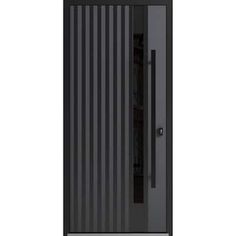 a black door with vertical slats on the front and side panels that are closed