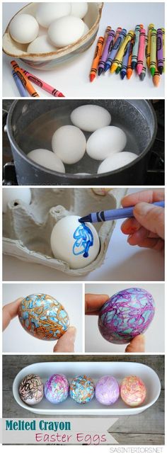 several pictures of different types of eggs and crayons