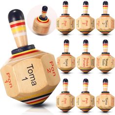 several different types of wooden toy bowling balls