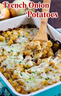 a casserole dish filled with potatoes and meat