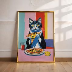 a painting of a black and white cat holding a piece of pizza in front of it