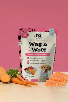 A vibrant dog food bag from Wag And Woof featuring distinct colors and playful dog sketches. Dog Food Packaging Design, Dog Packaging, Dog Food Packaging, Dog Treat Packaging, Pet Food Packaging, Dog Illustrations, Salmon Eggs, Natural Dog Treats, Design Label