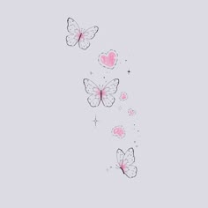 three pink butterflies flying in the sky with stars and sparkles on their back side