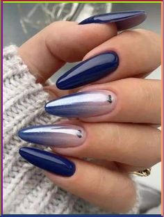 Trendy Nails Ombre Blue, Dark Ombre Nails Almond, Dark Colored Nails Design, Blue Nail Ombre, Black Blue Ombre Nails, Dark Blue Nails Ombre, Blue Ombre Chrome Nails, Black And Blue Ombre Nails, Navy Ombre Nails