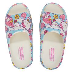 Step into style with these Hello Kitty slides. The slides come in sky blue with an off-white interior and feature images of Hello Kitty, Cinnamoroll, and My Melody surrounded by flowers, hearts, clouds, and strawberries. The slides are equipped with a soft footbed to help your feet stay comfy throughout the day. Hello Kitty fans will love these comfy slides. Cinnamoroll And My Melody, Comfy Slides, Shop Hello Kitty, Shower Sandals, Rhinestone Slides, Hello Kitty Cinnamoroll, Hello Kitty Images, Yellow Sandals, Hello Kitty Characters