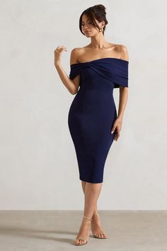 Alyssa Navy Bardot Bow Detail Midi Dress – Club L London - USA Navy Bodycon Dress, Bardot Neckline, Black Dress Prom, Black Tie Gala, Party Dress Long Sleeve, Christmas Party Dress, Bridesmaid Outfit, Black Sequin Dress, Black Velvet Dress