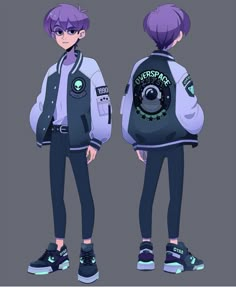 an anime character with purple hair and glasses wearing a black jacket, jeans and sneakers