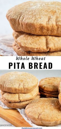 whole wheat pita bread stacked on top of each other with text overlay that reads whole wheat pita bread