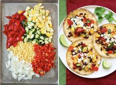 two pictures side by side one with corn, the other with mexican food on it