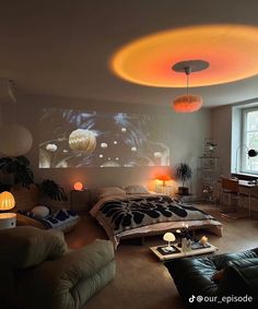 a living room filled with lots of furniture next to a large screen on the wall