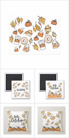 four different pictures with pumpkins and other items on them, all in white frame