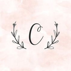 the letter c is surrounded by branches and leaves on a light pink watercolor background