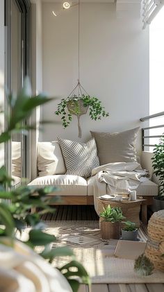 a living room filled with lots of furniture and plants on top of the windowsill