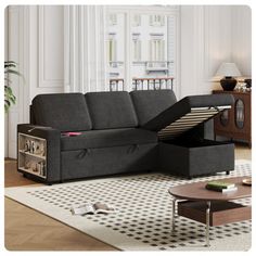 a living room scene with focus on the couch and storage compartment in the back ground