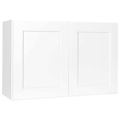 a white wall cabinet with two doors and one door open to reveal the same room