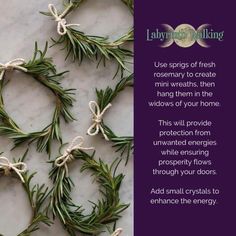 rosemary wreaths tied up with twine and rope on marble background, text reads ladybird walking use sprigs of fresh rosemary to create mini wreats, then hang them in the windows