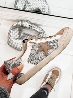 Glitter Neutral Star Sneaker | Krush Kandy Boutique | Phoenix, AZ Hi Top Sneakers Outfit, Women’s Sneakers, Trendy Womens Sneakers, Golden Goose Sneakers Outfit, Goose Sneakers, Makeup Clothes, Glitter Sneakers, Golden Goose Sneakers, Glitter Shoes