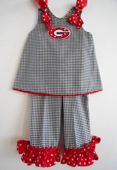 UGA Bulldogs Girls outfit Red Cotton Minnie Mouse Top, Buffalo Check Dress Toddler, Bulldog Decor