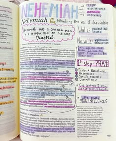 an open bible with the words nehemah written in different colors and phrases on it