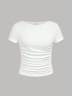 White Casual Collar Short Sleeve Cotton Plain  Embellished Slight Stretch  Teen Girls Clothing Shein White Top, White Ribbed Shirt, Plain White Tshirt, Textiles Moodboard, Cute White Shirt, White T Shirt Women, Cute White Shirts