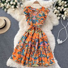 Orange Ruffled Midi Dress For The Beach, Orange Ruffle Hem Dress For Beach, Orange Ruffle Hem Beach Dress, Orange V-neck Midi Dress With Ruffles, Orange Summer Midi Dress With Ruffles, Orange Beach Dress With Ruffle Hem, Casual V-neck Midi Dress With Ruffles, Orange Ruffled Sundress, V-neck Ruffled Midi Dress For Garden Party