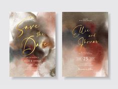 two wedding cards with gold foil lettering on the front and back, in watercolor