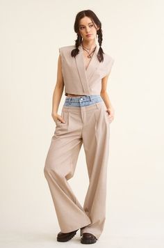 Transform your wardrobe with our Beige Billie Trousers - the perfect combination of casual and dressy. These unique trousers feature a playful Peek-a-boo denim wash waistband and functioning front pockets. Style with a sleek top for a trendy and practical fashion statement. Each piece is one-of-a-kind due to the Denim Wash Waistband. PRE-ORDER 07/12/24 Fabric & fit:SELF: 69% POLYESTER 29% RAYON 2% SPANDEXCONTRAST: 100% COTTON Model is wearing size small. Unique Trousers, Casual Chic Outfits, Practical Fashion, Casual Chic Outfit, April 19, Swimwear Sale, Peek A Boo, Denim Wash, Chic Outfits