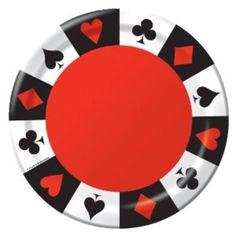 a red and black casino chip with hearts on it