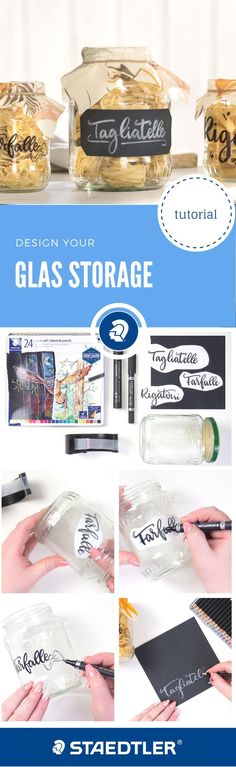 the instructions for how to make glass storage jars with labels and magnets on them