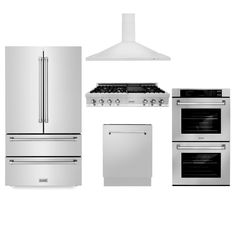 an appliance set including stove, refrigerator and oven with range hood in stainless steel