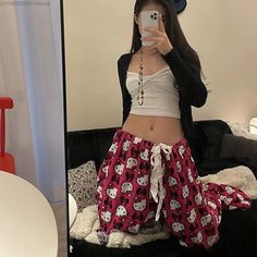 Sanrio Hello Kitty Wide Leg Pants Women's Korean Fashion Streetwear Cute Elastic Waist Pants Y2k Pant Trousers Women, Hello Kitty Y2k, Trousers Women Wide Leg, Y2k Girl, Pants Women Fashion, Vintage Trousers, Printed Wide Leg Pants, High Waist Pants, Elastic Waist Pants