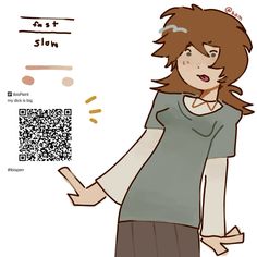 a girl with brown hair is standing in front of a qr code and has her hand on her hip