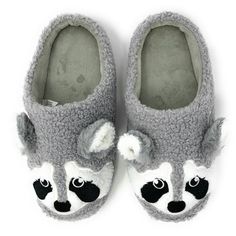 Trash day is stylish now with these cloudy soft sherpa animal slippers from Oooh Geez! Slippers. Stay warm & look great with your new raccoon themed grey sherpa slippers. Wear them around the house or out and about thanks to the non-skid rubber bottom. Pick up a pair today! Material: Inside 100% Sherpa, Outside 100% Acrylic Style: Sherpa slipper with non-skid rubber bottom sole Care: Machine wash cold with no bleach and hang to dry Size:Small fits women's U.S. shoe size 5 - 6Medium fits women's Trendy Slippers, Animal Slippers, Designer Slippers, Slippers Cozy, House Shoes, House Slippers, Womens Slippers, Stay Warm, Warm And Cozy