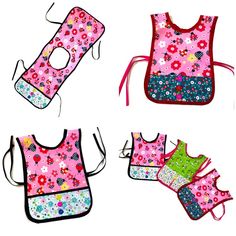 four bibs with different designs on them and one has a pink flowered design