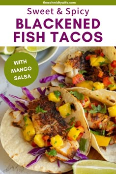 three fish tacos with mango salsa on a plate