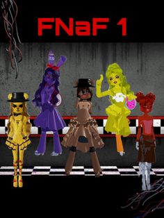 five cartoon characters are standing in front of a checkered wall with the word fnaf 1 on it