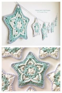 crochet patterns for star ornaments and garlands are shown in three different colors