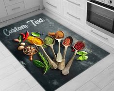 a kitchen area rug with spoons and spices on it