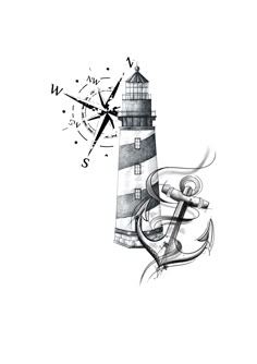 a drawing of a lighthouse with an anchor and compass