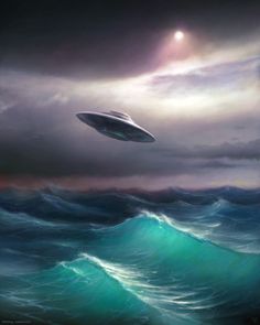 an alien ship flying over the ocean under a cloudy sky with a bright light above it