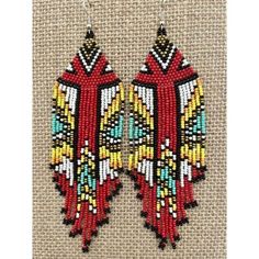 Handmade Miyuki Earrings Multicolor Geometric Print 5.75" Long 1.75" Wide Traditional Red Beaded Earrings With Large Beads, Traditional Red Beaded Earrings With Colorful Beads, Traditional Handmade Red Beaded Earrings, Red Beaded Dangle Jewelry, Festive White Earrings With Colorful Beads, Bohemian Red Beaded Earrings Gift, Traditional Red Beaded Earrings For Festival, Traditional Red Jewelry With Tiny Beads, Red Beaded Earrings With Large Beads