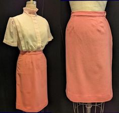 "Add a vintage basic to your wardrobe!! This classic vintage pencil/sheath skirt has no labels. It is done in a vibrant candy/bubblegum pink wool flannel and the back of the skirt is lined in acetate to about the middle of the skirt. The skirt has a 1\" wide waistband, giving it a true high-waist style. It has a slight flare towards the hem,  and is shaped to the waist with 4 front and 4 back hip darts. For walking ease, there is a center back kick pleat at the hem. The skirt has a metal zipper at the left side. This skirt is sturdy, wearable and clean. The only issue is that there were two horizontal stress tears across the lining. I have repaired them with iron-on reinforcements and stitching.  Unlabeled as to size, the skirt measures like a contemporary 4-8 or MEDIUM. It measures: Waist 60s Candy, Skirt Straight, Vintage Pencil, Sheath Skirt, Rose Bonbon, Wool Flannel, Kick Pleat, Candy Pink, Bubblegum Pink