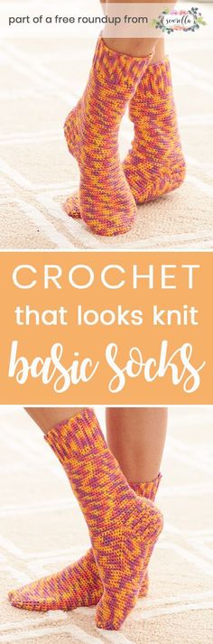 the legs and ankles of a woman wearing colorful socks with text overlay that reads crochet that looks knit basic socks