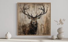 a painting of a deer with large antlers on it's head is shown