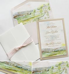 the wedding stationery is decorated with watercolors