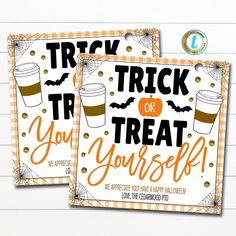 Halloween Coffee Appreciation Gift Tag, Teacher Staff Nurse Employee Trick or Treat Yourself Fall Tag, School Pto Pta, DIY Editable Template Trick Or Treat Yourself, Staff Nurse, School Pto, School Teacher Gifts, Tag Print, Halloween Coffee, Employee Appreciation