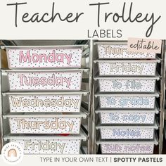 teacher trolly labels are shown on the side of a metal rack with polka dots