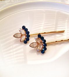 Navy Blue Champagne crystal hair pins, set, pair, hair, accessory, rhinestone, gold, blue, bridesmaid, gift, hair, something blue Blue Champagne, Something Blue Bridal, Crystal Teardrop Earrings, Crystal Hair Pins, Wire Lights, Etsy Bridesmaid Gifts, Sparkly Earrings, Bridesmaid Bracelet, Bridal Hair Pins