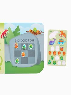 two children's magnets with dinosaurs on them and the words tic - tactoe