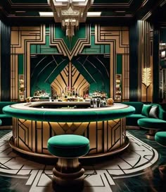 the interior of a fancy bar with green and gold decor